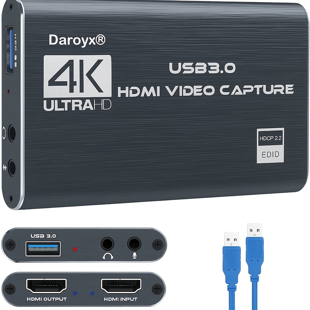Daroyx® VCC4K Pro Video Capture Card - USB-A 3.0 - HDMI 4K@60Hz - Geschikt als Game Capture - Antraciet