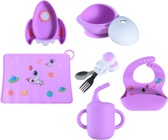 Service de table Sproudsy Space - Vaisselle Vaisselle pour enfants - Cadeau de maternité - Bébé - 6 pièces - Lilas