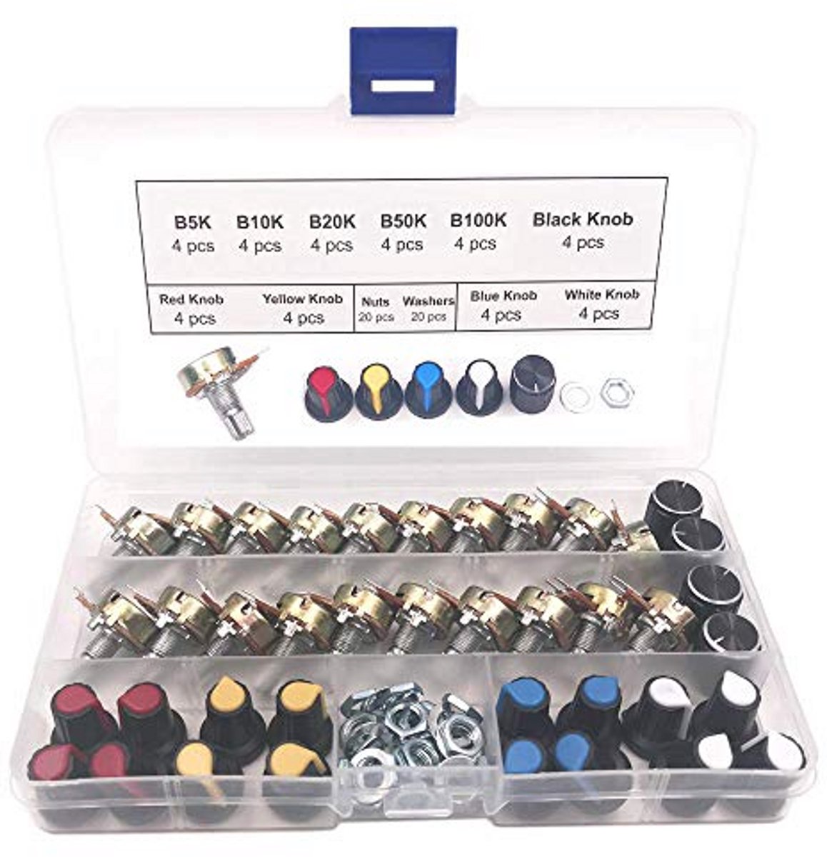 20st Potentiometers B5K B10K B20K B50K B100K Ohm Lineaire Potentiometer met Doppen en Ringen voor Elektronische Projecten