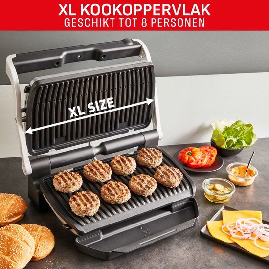 Tefal contactgrill met acht gegrilde burgers, XL formaat, met broodjes en salade, geschikt voor 8 personen.