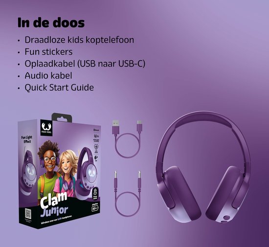 Fresh 'n Rebel Clam Junior - Koptelefoon kind - Kinder koptelefoon met Noise Cancelling - Draadloos (Bluetooth) & Bedraad – Inclusief Aux kabel (1m) - Mighty Magic
