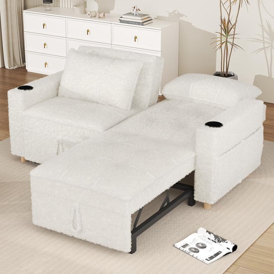 Canapé-lit 3 en 1 de Luxe avec dossier réglable – Canapé-lit double extensible avec Coussins – Tissu peluche confortable – Idéal pour le salon, la chambre d'amis ou le studio – Wit