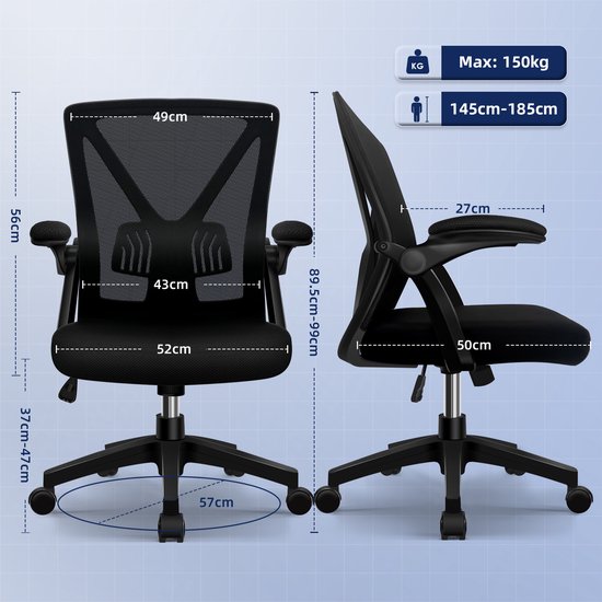 Elekiatech Ergonomische Bureaustoel - Bureaustoel - Bureaustoelen voor Volwassenen - opklapbare armleuningen-150 Kg - Zwart