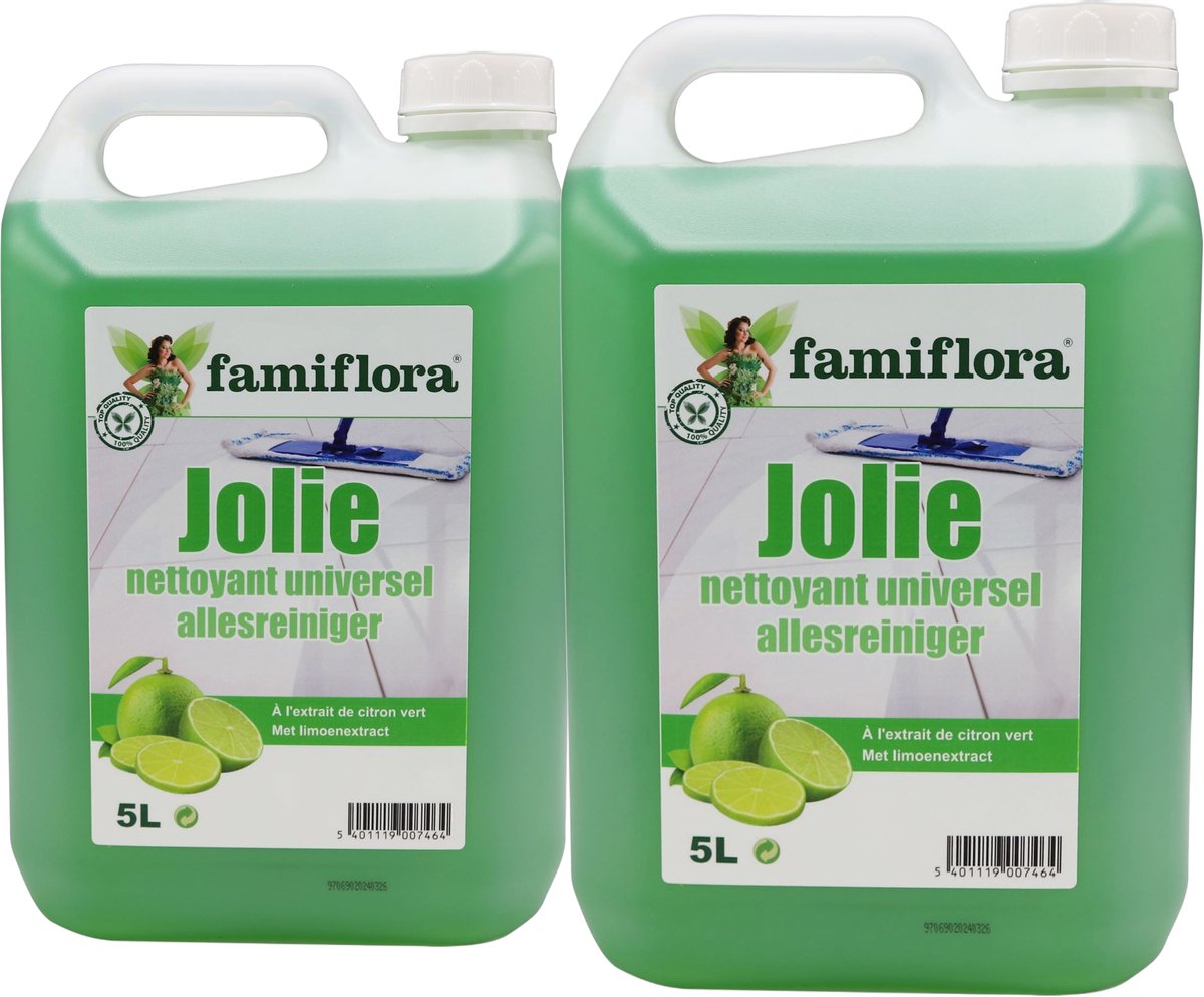Famiflora allesreiniger Jolie voordeelverpakking 10 liter (2 x 5L) - Limoen - Heerlijke frisse geur - Frisse citrusgeur voor een aangename schoonmaakervaring zodat je keuken en huis fris ruiken