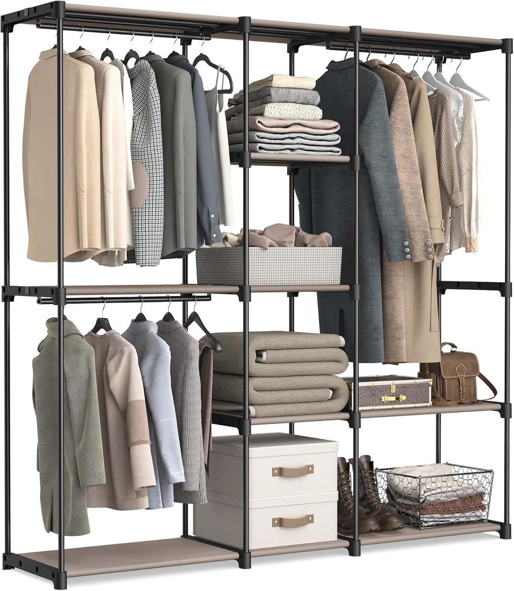 Famanu - Draagbare open kledingkast met kledingstangen en stoffen planken 182x43x182 cm taupe