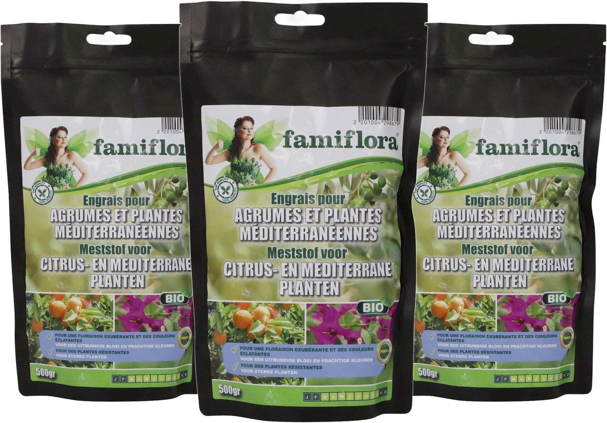 Famiflora meststof voor citrus en mediterrane planten 3 zakken van 500gr - Versterkt wortels zodat planten stress beter doorstaan - Stimuleert rijke bloei waardoor je planten echt opvallen