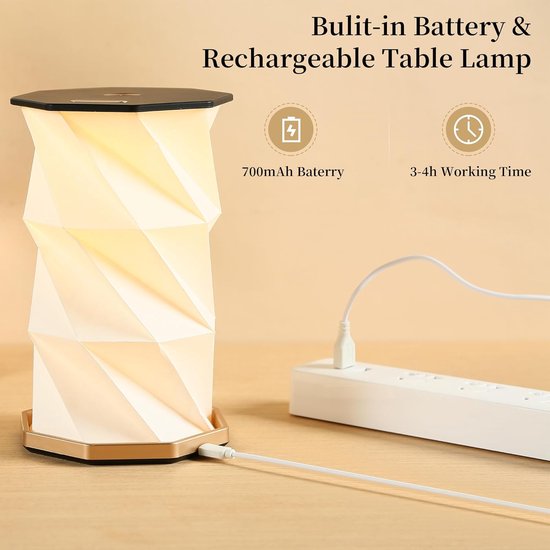 Oplaadbare Draagbare Touch Dimmer Lamp - Opvouwbare Papieren Lamp + Warm Licht - Travel Light / Kleine Batterij Tafellamp / Draagbare Verlichting - Ideaal voor Slaapkamer, Woonkamer & Reizen — afbeelding 2