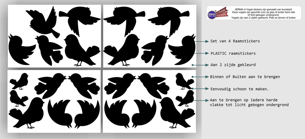 Jerma - Vogel raam sticker set 23 vogels - Raamsticker - Zwart