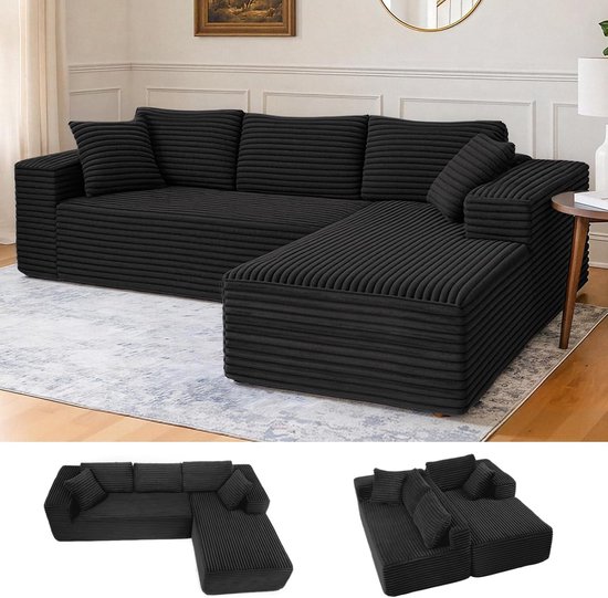 Canapé modulaire 105 pouces avec assise profonde, canapé en forme de L avec larges accoudoirs, velours côtelé, mousse haute densité, méridienne pour le salon, aucun montage requis, noir
