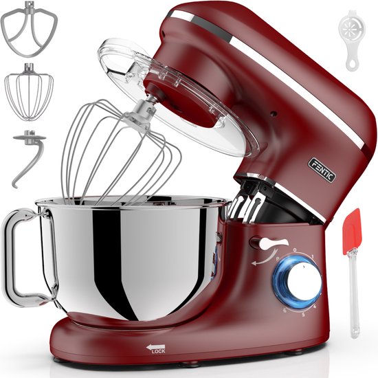 Fentic Robot Pâtissier – 2000W – Bol mélangeur en acier inoxydable (6,2L) – Incl. accessoires supplémentaires – Rouge