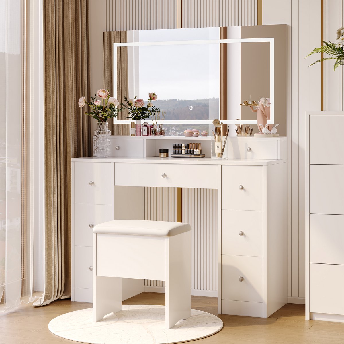 Kaptafel - Make Up Tafel met Spiegel, LED Verlichting (3 Kleuren), 9 Opberglades en Kruk - Wit Modern Opbergmeubel voor Slaapkamer (150x110x40 cm)