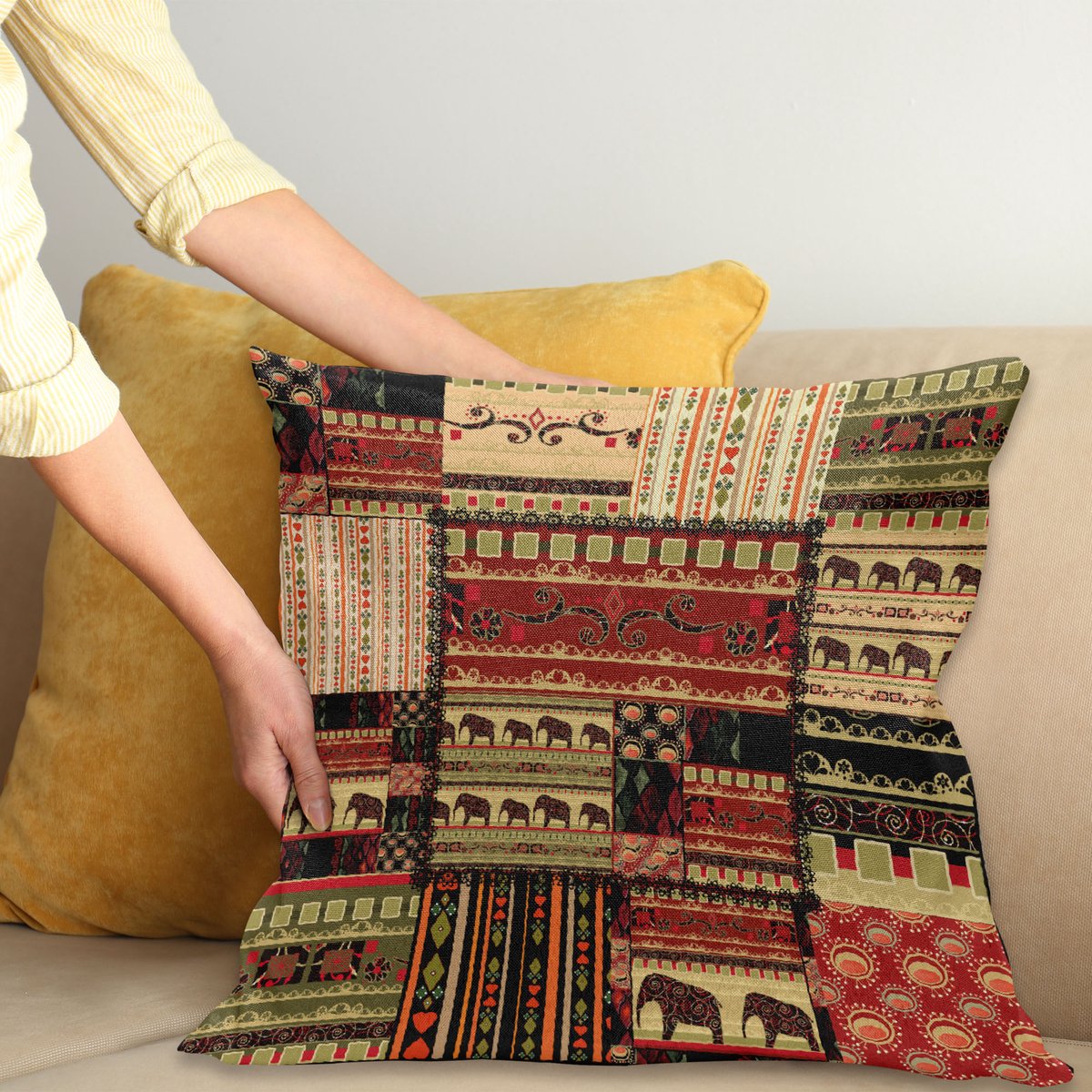 ABAKUHAUS Afrikaans Kussenhoes, Patchwork Stijl Asiatische, voor de Binnen of Buiten Gebruik Geschikt met Ritssluiting Wasbare Stof, 45 x 45 cm, Rood Groen Zwart
