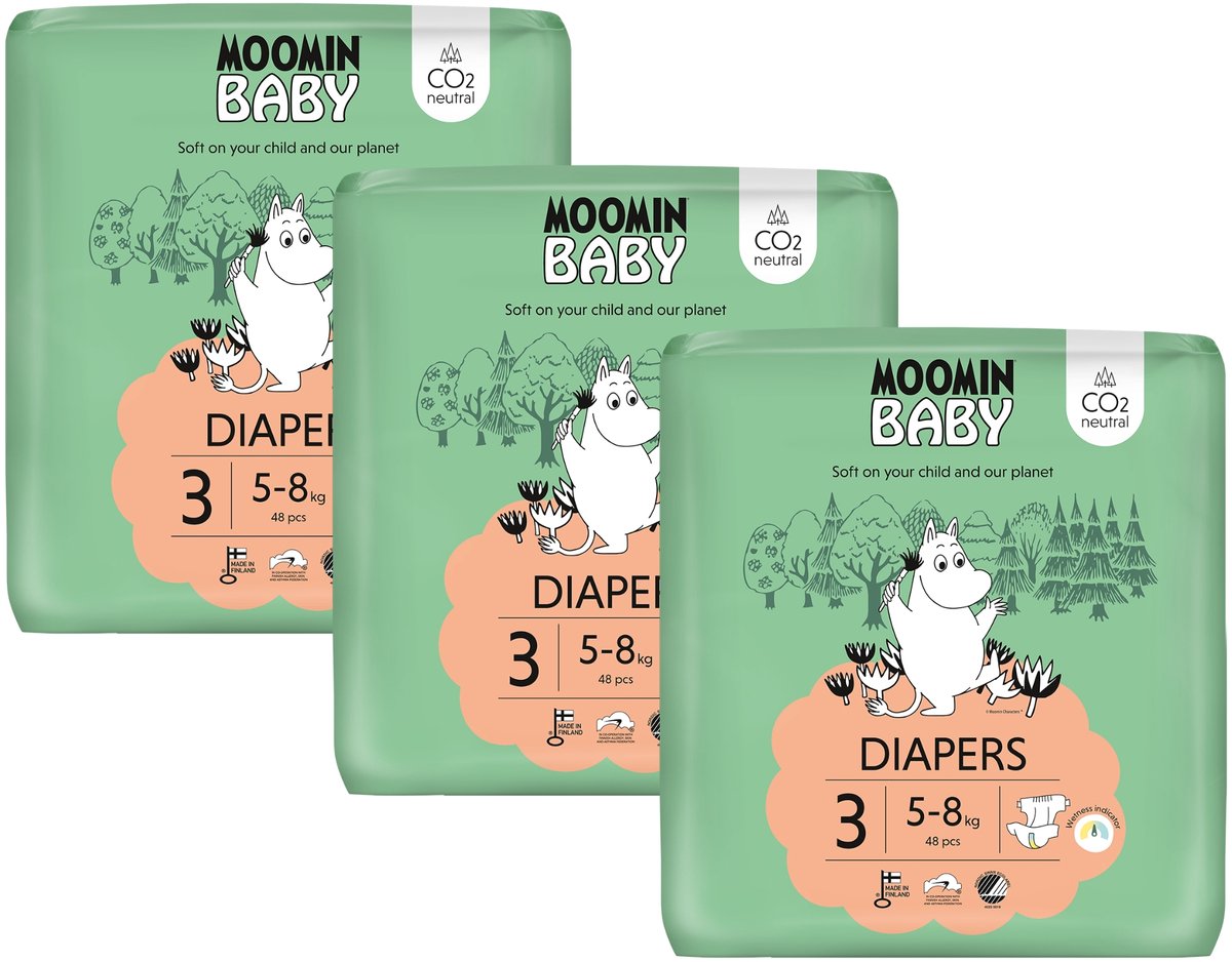 Moomin Baby Eco Wegwerpluiers - 144stuks - Maat 3 - 5 t/m 8 kg - Hypoallergeen – Gevoelige Huid – Parfumvrij