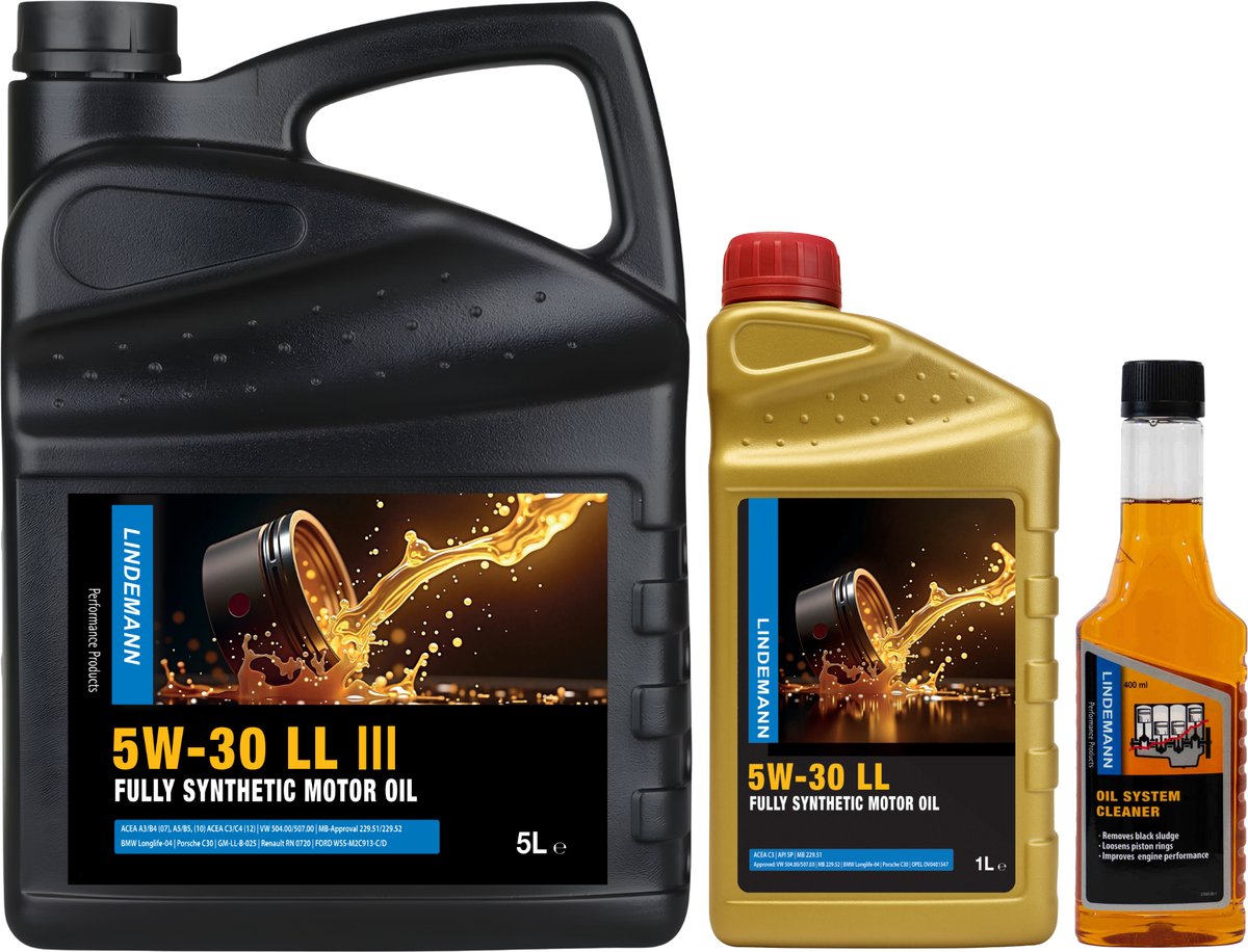 Lindemann Olieverversing Set - Motorolie 5W30 LL 5L + 1L - Oil System Cleaner (Motor Reiniger)