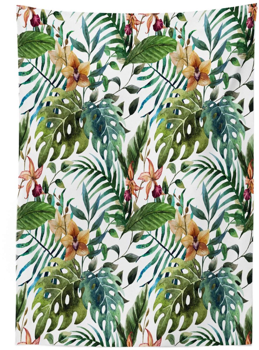 ABAKUHAUS blad tafelkleed – Palm Hibiscus, 140 x 240 cm, karamel/groen