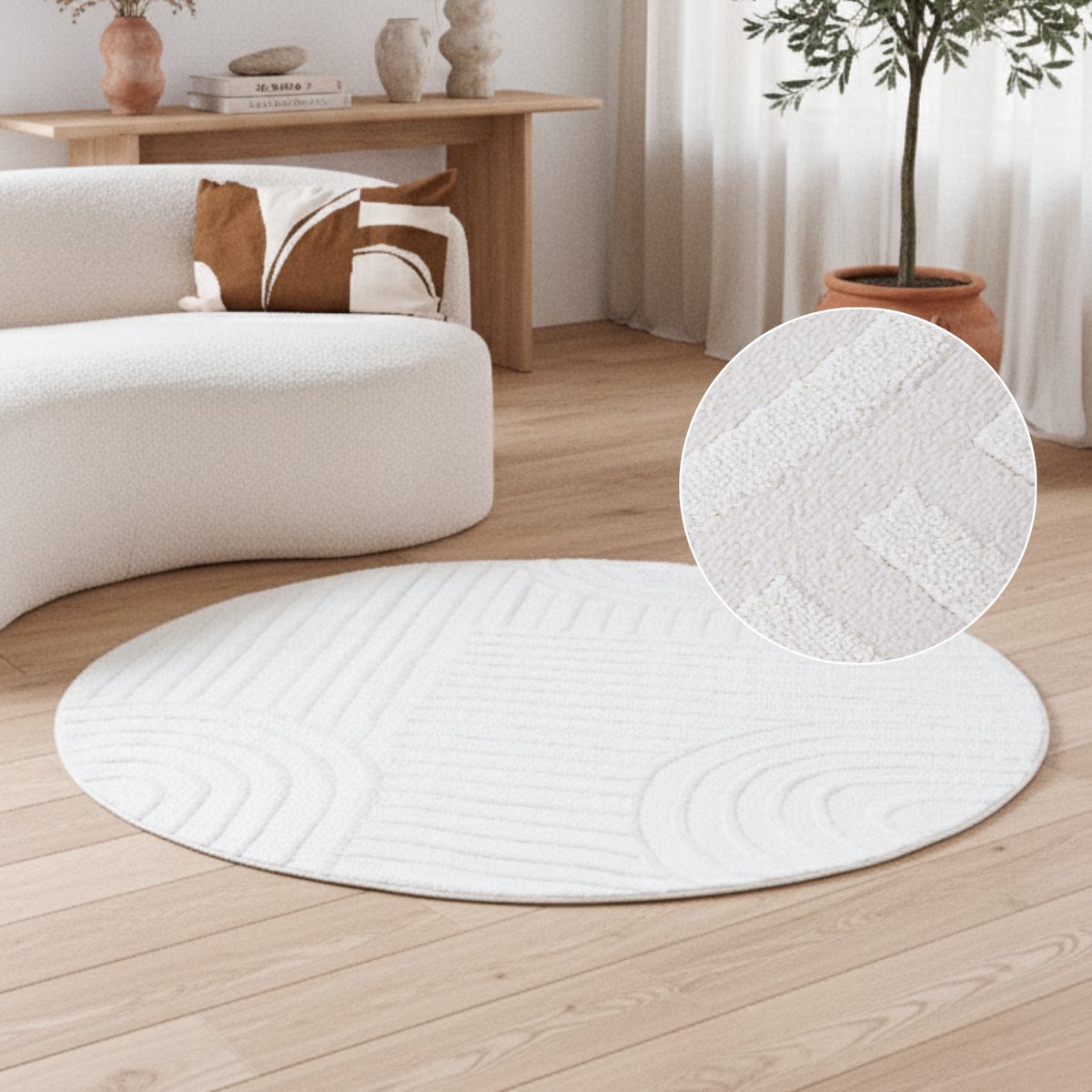 Tapiso Hygge Rond Vloerkleed Crème-Wit Modern Laagpolig 3D Geometrisch Kleed Tapijt Woonkamer & Slaapkamer Slijtvast en Onderhoudsvriendelijk OEKO-TEX - 200x200 Creme Wit