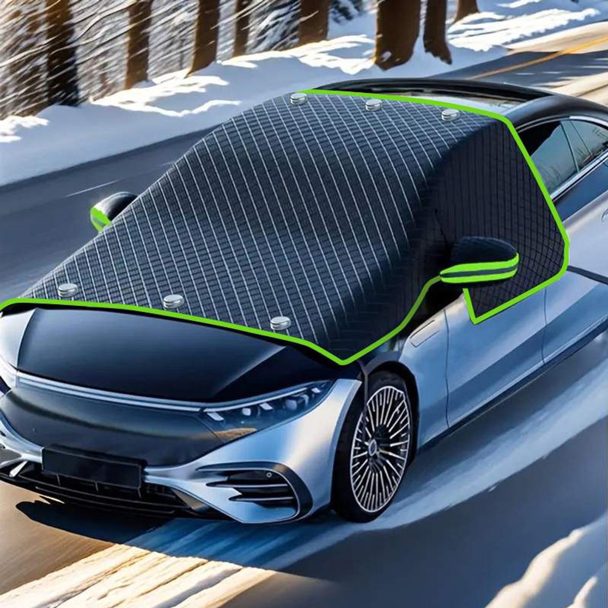 1 stuk - Antivriesdeken - voorruithoes - Beschermhoes - Verdikt - Magnetische halve hoes - Geschikt voor autoruiten en zijruiten - Bescherming tegen vorst, sneeuw en ijs - Autoaccessoires - Groene rand - Zwart