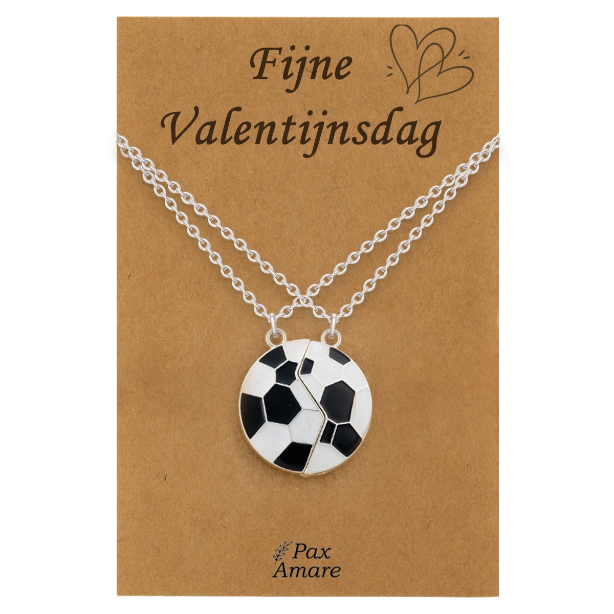 Koppel Ketting voor 2 'Fijne Valentijnsdag' - Magnetische Voetbal - Vriendschapsketting op Cadeau Kaartje - 45cm + 5cm verstelbaar - Zilverkleurig - BFF Hanger - Pax Amare