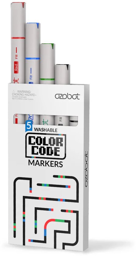Verpakking met 5 Ozobot Color Code uitwisbare stiften: rood, blauw, groen en twee grijze stiften. De verpakking toont een doolhofpatroon.