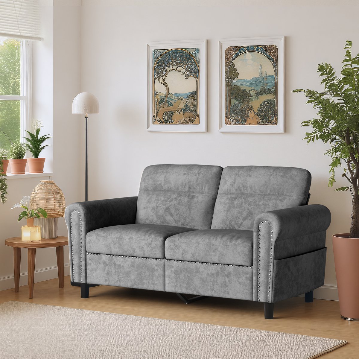 Xbro Zitbank - Bank met brede armleuningen en zijvak opbergtas - Comfortabele compacte 2-zitsbank - Geschikt voor Woonkamer/Kantoor/Appartement - 152 x 76 x 84 cm - Donkergrijs