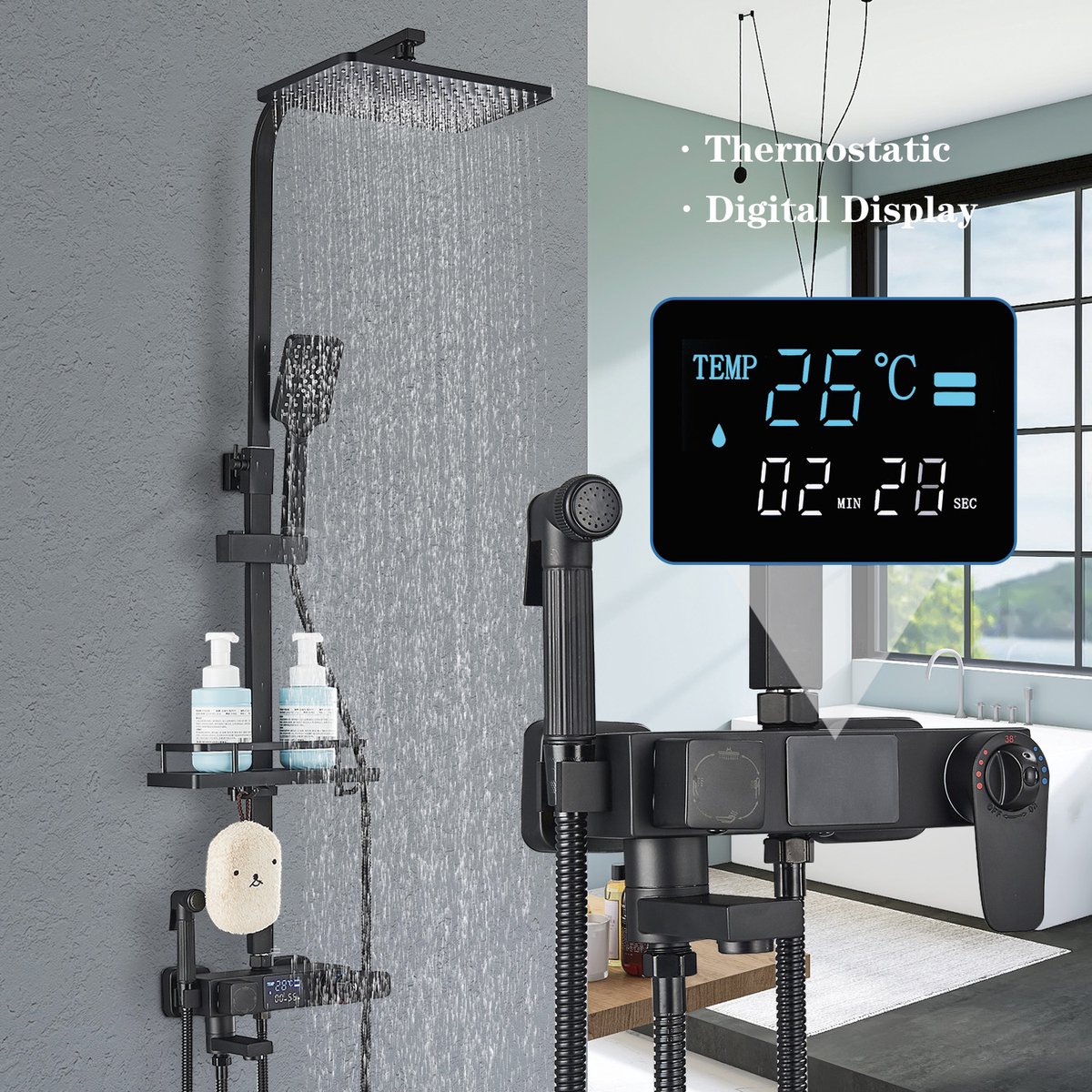 Regendouche – Douchesysteem set – Handdouche - Regendouchekop – Douchekop met slang – Incl. Thermostaatkraan – Douche Rechthoek