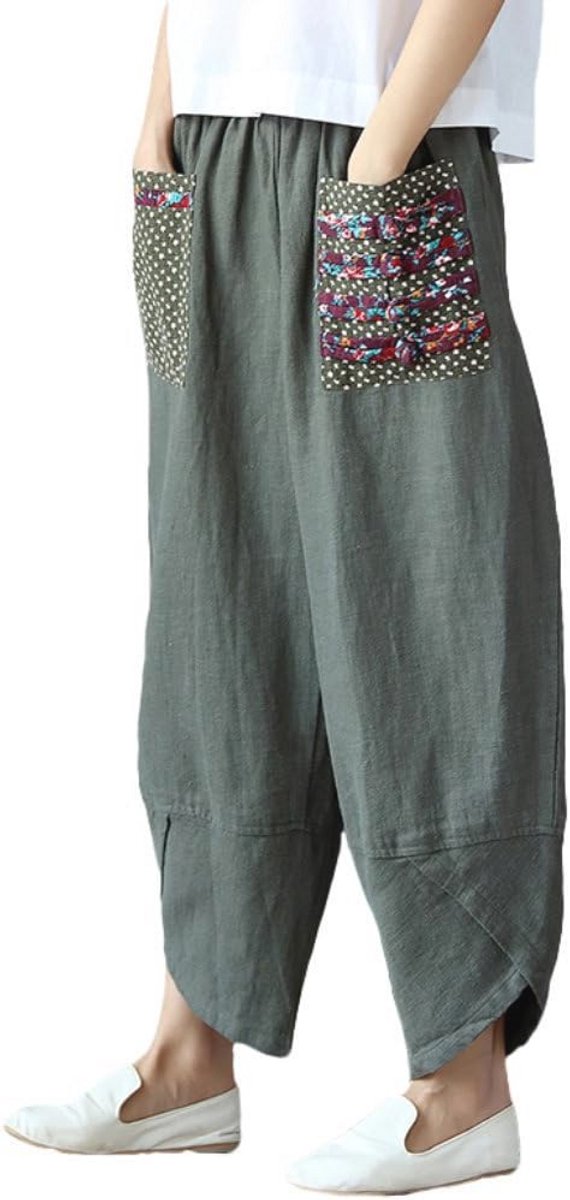 Linnen Harembroek Dames met Elastische Tailleband en Patchwork