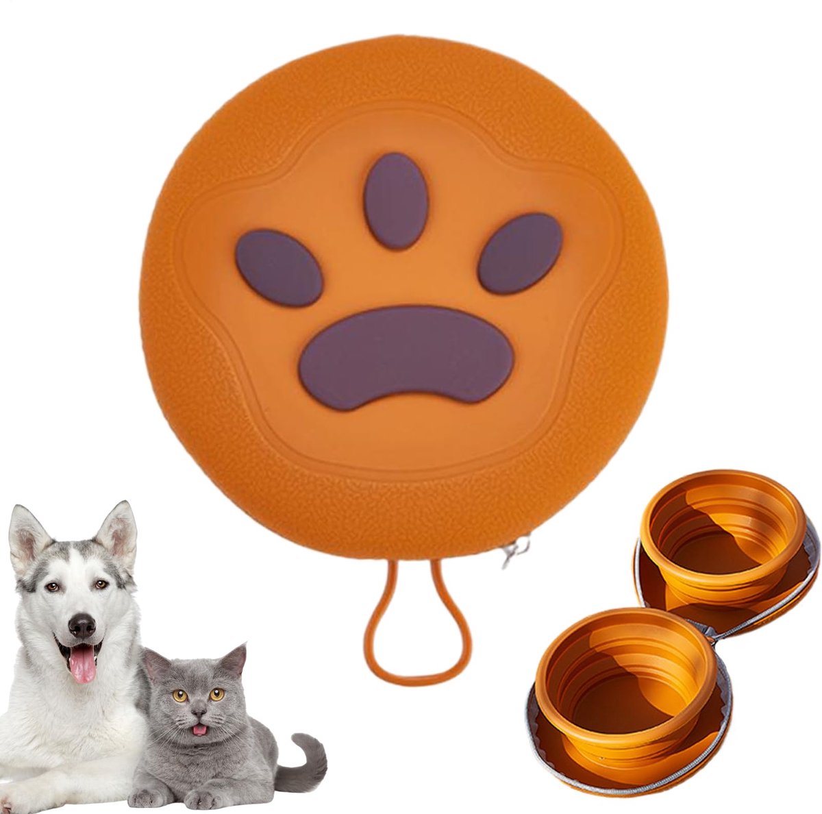 1 stuk - 2-in-1 voerbak voor huisdieren - Siliconen reisbak voor katten en honden - Opvouwbaar ontwerp met dubbele bak - Voer- en waterbak - 450 ml - Bruin