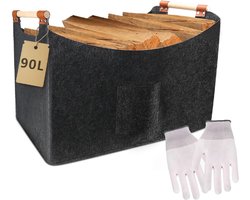 XXL Haardhoutopslag - Houten mand voor haardhout 90 liter - Dik vilt - Grote vilten tas Groot - Houten handvat - inclusief handschoenen - Opbergmand voor boodschappen kranten - Donkergrijs