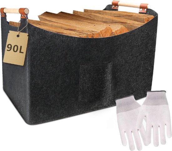 Panier en feutre noir avec poignées en bois, rempli de bois de chauffage. Paire de gants de travail blancs incluse.