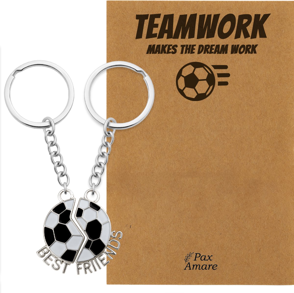 Vriendschap Sleutelhanger voor 2 'Teamwork makes the dream work' - Magnetische Voetbal - BFF Sleutelhanger op Cadeau Kaartje - Zilverkleurig - Vriendschap Symbool - Pax Amare
