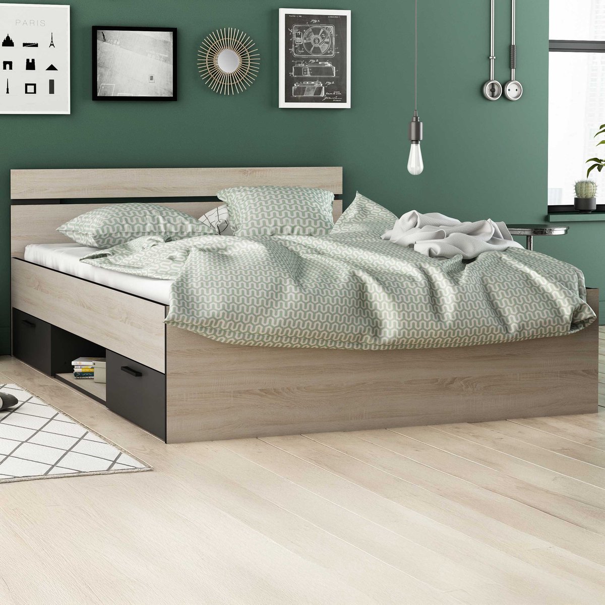 Bed Micheline 140 X 190 Cm-geborstelde Eik/matzwart - CBA - Tweepersoons Bedkader - Bruin; Zwart - Melamine; Spaanplaat Tweepersoons Normaal Bed
