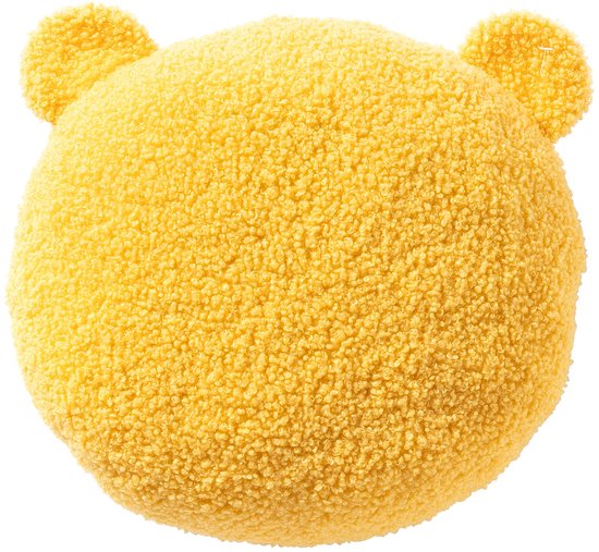 Rond geel kussen met berenoren van teddy stof.