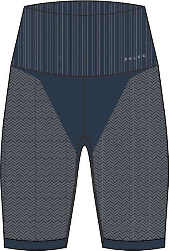 Illustratie van een donkerblauwe fietsbroek met een gestreepte tailleband en een visgraatpatroon op de benen.