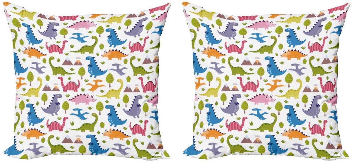ABAKUHAUS Dino Kussenhoezen Set – Dubbelzijdig bedrukt – 40x40 cm – Multicolor Wit