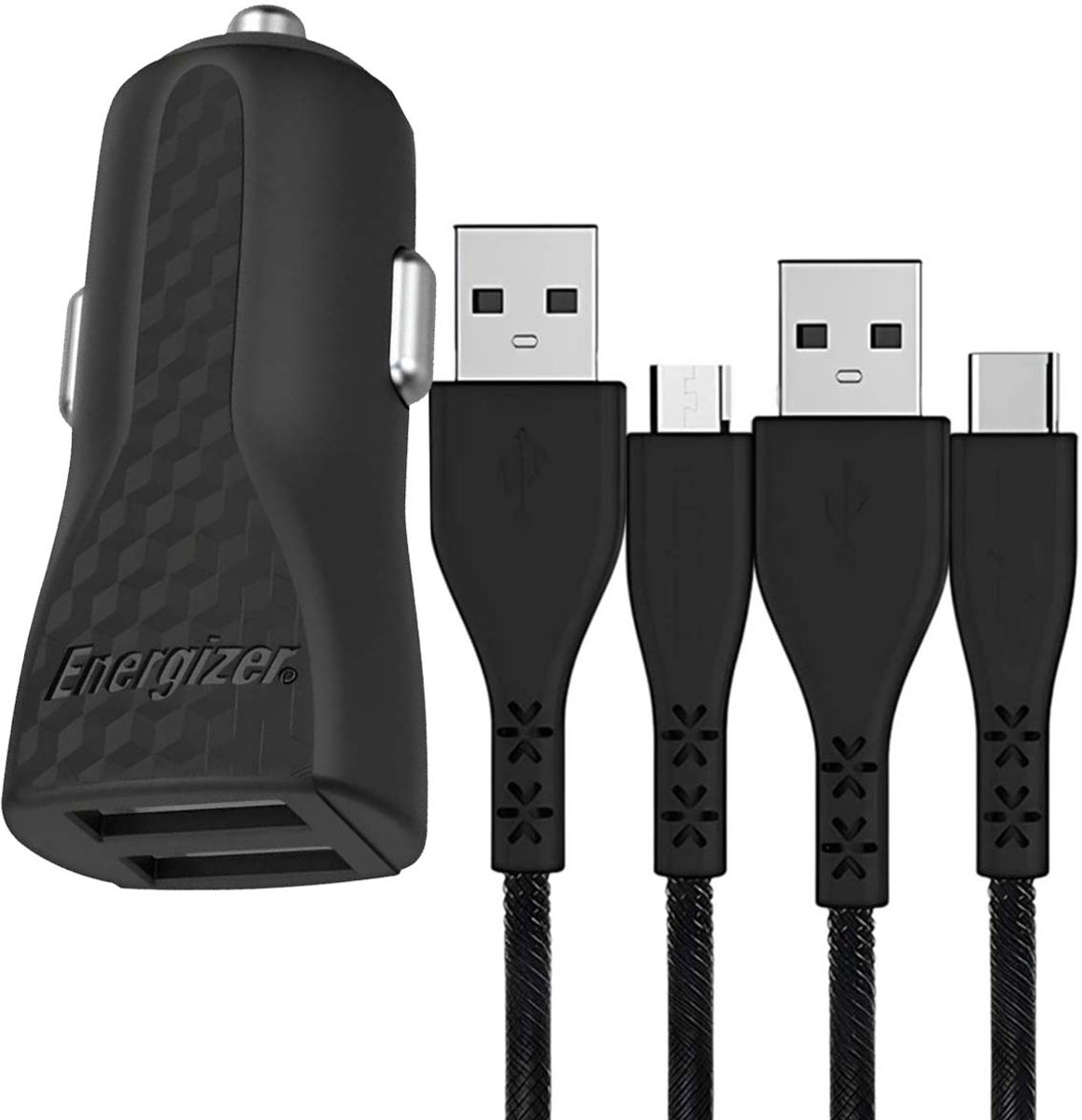 ENERGIZER, Sigarettenaansteker-oplader 2 USB-A 2,4 A HardCase met USB-C- en micro-USB-kabel, Zwart