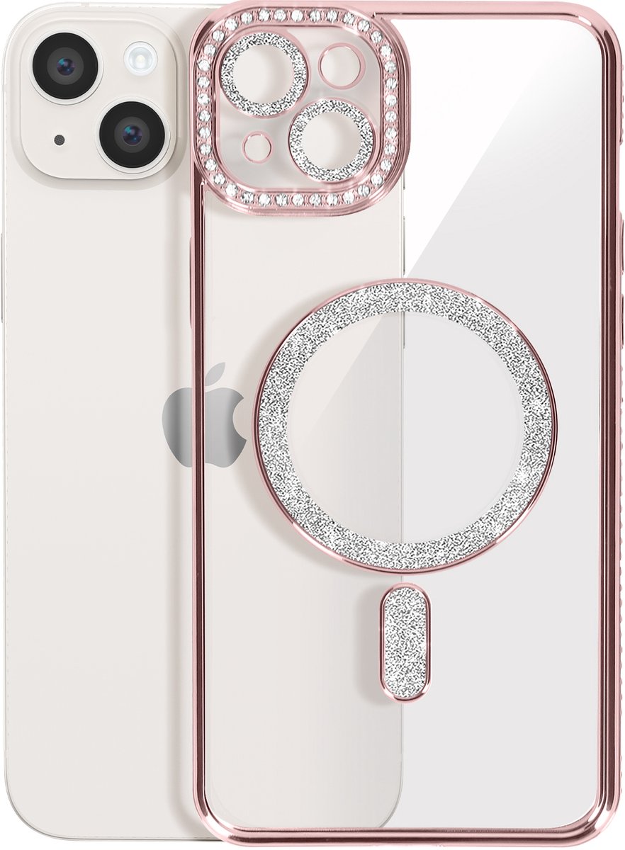 Avizar Diamond hoesje Geschikt voor Apple iPhone 14 Plus MagSafe Omtrek Strass, Roze