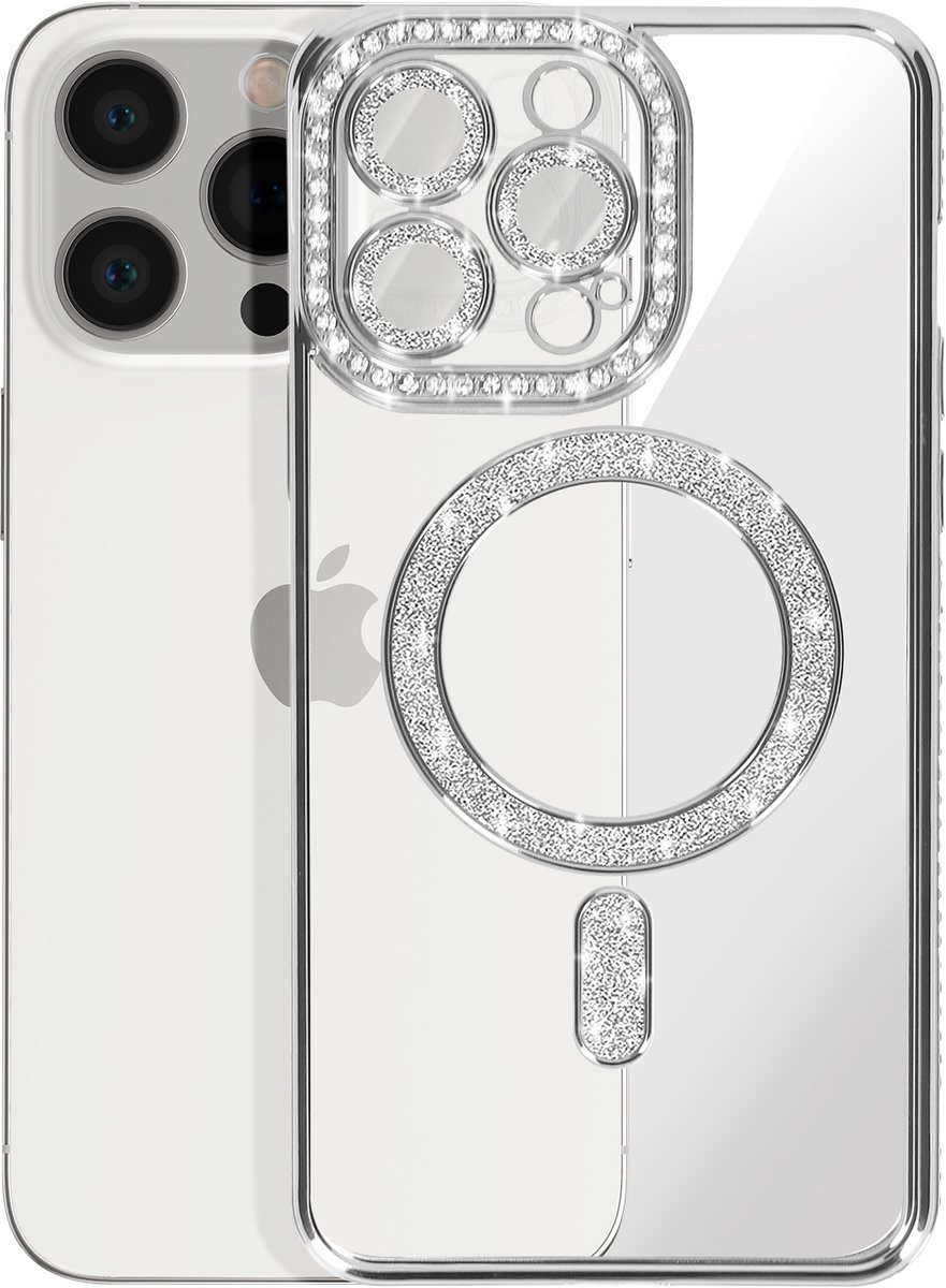 Avizar Diamond hoesje Geschikt voor Apple iPhone 13 Pro MagSafe Omtrek Strass, Zilver