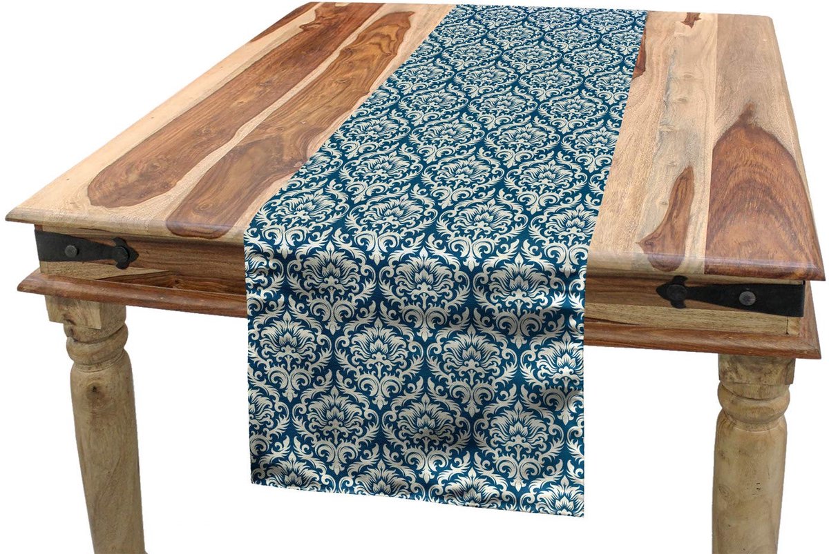ABAKUHAUS damast tafelloper – blauw-witte bloemen – 40×300 cm