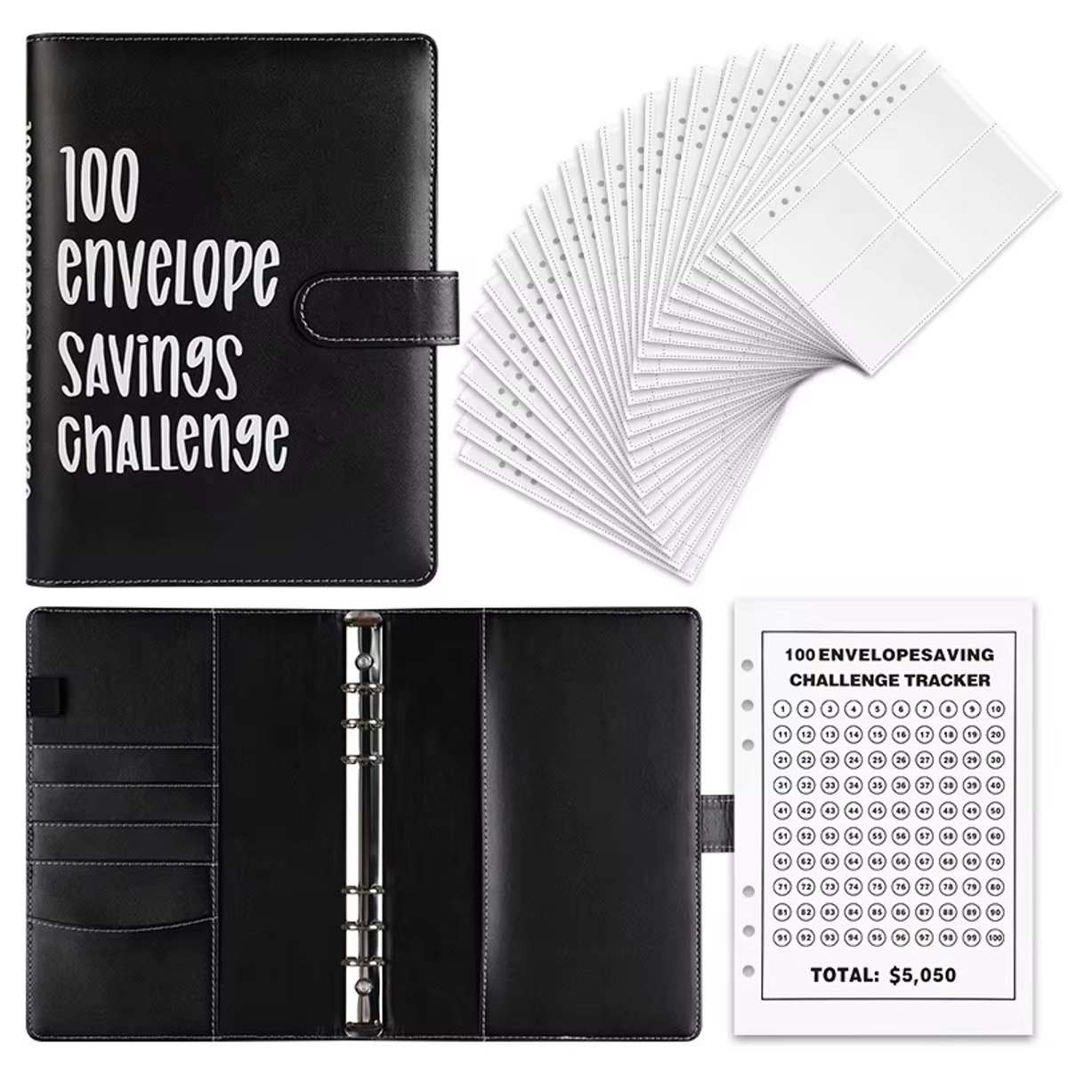 StrongFlow - Spaarmap geld met doel - Budgetplanner - Spaarmap 100 Enveloppen - Leuke bespaarmethode - Spaaruitdaging thuis - Geldbeheer - Gezin & Studenten - Financieel hulpmiddel - Zwart - A6 - 1 stuk