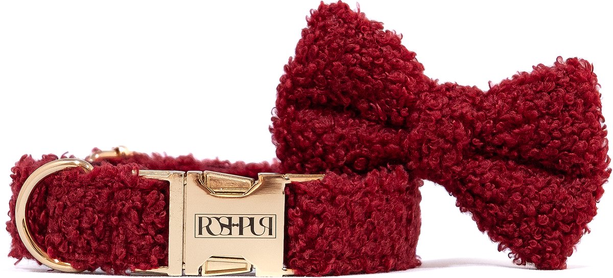 POSHPUP® - Teddy Hondenhalsband met Strik - Burgundy Rood - Maat XL - Roestbestendige metalen kliksluiting - Voor Kleine en Grote Honden