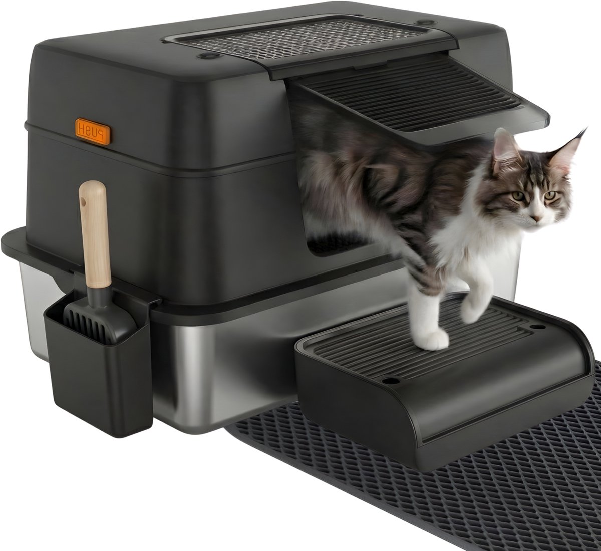 CatElite Cove XXL RVS kattenbak met zij-ingang en hoge rand zwart