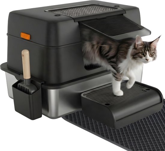 CatElite® - Bac à litière Premium en acier inoxydable | Bac à litière Cove - XXL - Avec entrée latérale - Inclut pelle à litière, bac à sable et tapis de sortie - Pour Chats de toutes tailles - Capacité Groot L - Zwart