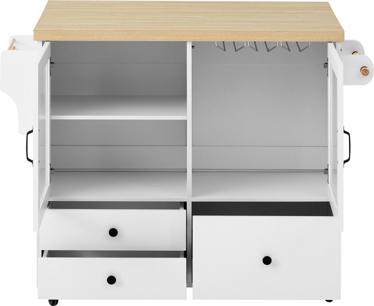 Mobiele Keukenwagen met Uitschuifbaar Eetblad, Keukeneiland op 5 Rollen met Wijn Glas Houder, Satijn Glas Deuren, Wit Scandinavisch Design, B100x D42-70x H90 cm