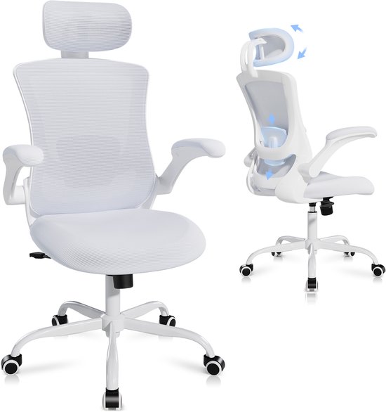 COLAMY Bureaustoelen – Ergonomische bureaustoel – Hoge mesh rugleuning – verstelbare lendensteun en hoofdsteun – opklapbare armleuningen – White