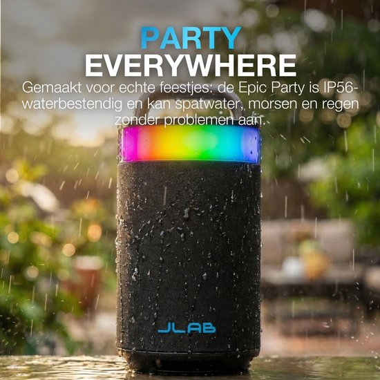 JLab Epic Draadloze Bluetooth Speaker - Muziekbox - 16 uur Batterijduur - 100 Watt - IPX6 Waterproof - Multipairing - Partyspeaker met Bass Boost - App Equalizer - Zwart