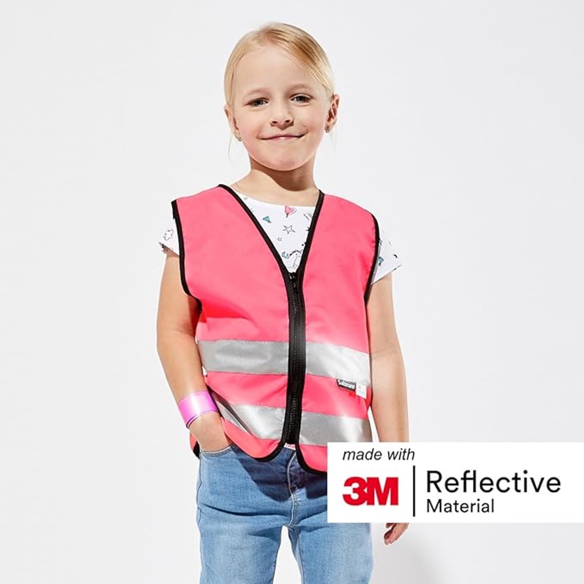 Reflecterende vest met rits kind roze M