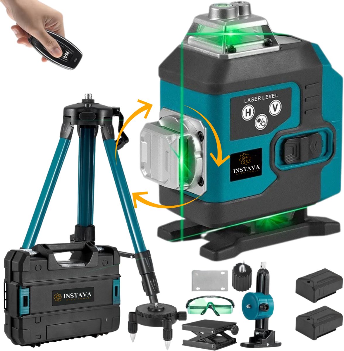 Instava® 4D Kruislijnlaser 16 Lijnen – 360° Groene Laser – Draaibare Laserkoppen – Zelfnivellerend – Incl. Statief 1m & 2 Accu’s – Laserwaterpas