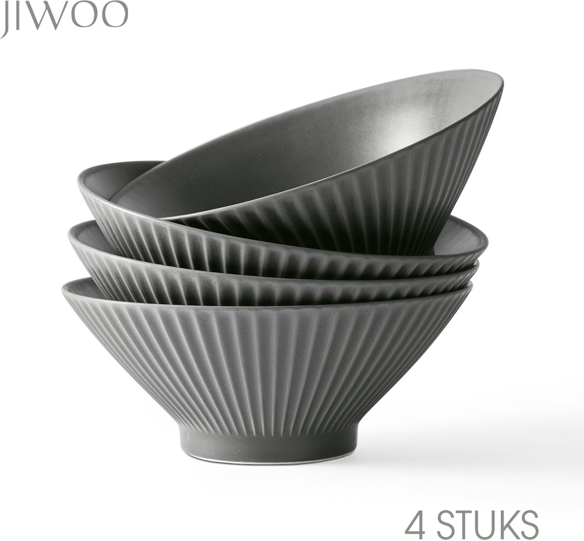 Set van 4 kommen (20cm/1000ml)-Ramenkom,soepkom,pastakom,slakom-Hoogwaardig keramiek-Reliefstrepen-Antislip-Thuis,restaurant,picknick-Magnetron-vaatwasserbestendig