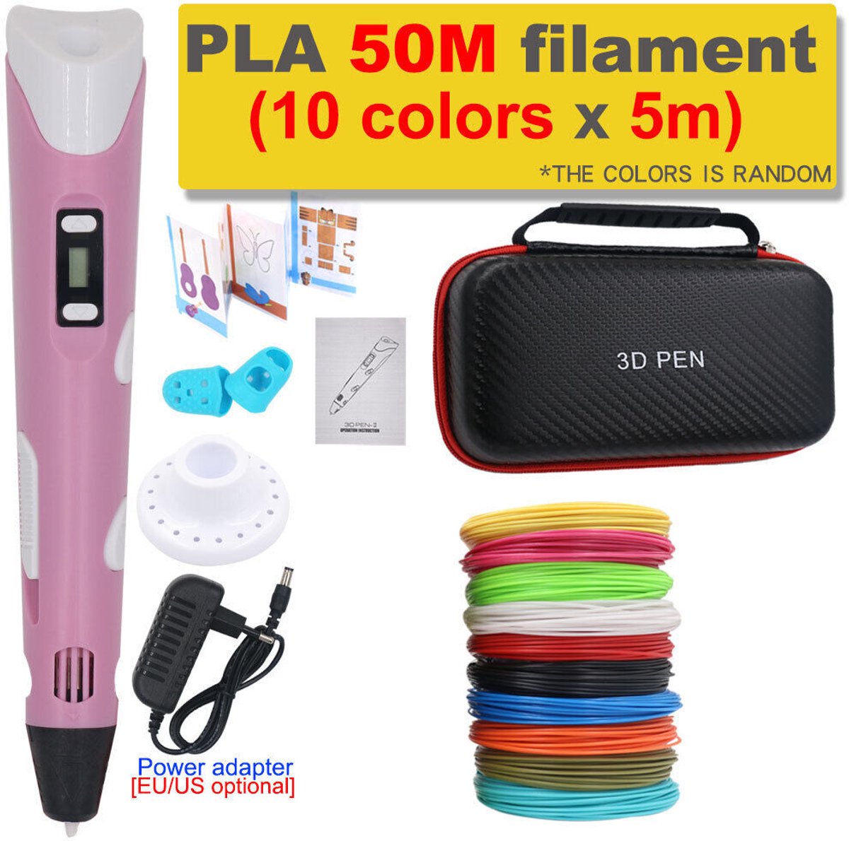 Kinder 3D-printpen, DIY puzzel 3D-tekening, stopcontactmodel met 5m x 10 kleuren consumafstand + vouwbaar schilderboek + vingerhoesjes + opbergtas, roze