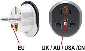 EU-stekker met twee ronde pinnen naast een universele adapter voor UK, AU, USA, CN stopcontacten.